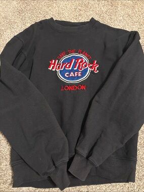 Hard Rock Cafe Black Crewneck Sweatshirt with Red & Blue Embroidered Logo
